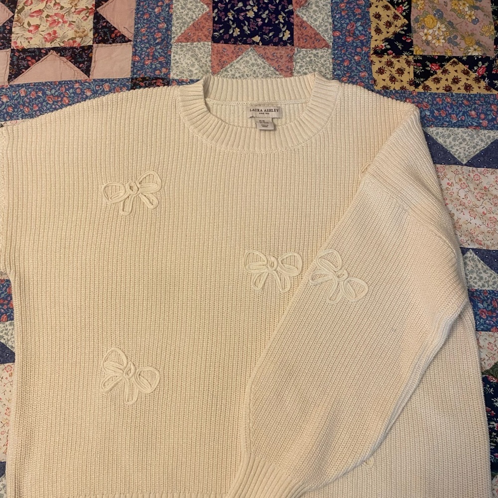 Laura Ashley Coquette Cream Ribbed Bow- Crew Neck Sweater